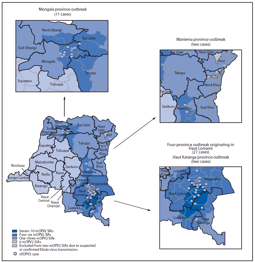 The figure is a map with insets indicating geographic distribution of circulating vaccine-derived poliovirus type 2 cases, by location and number of response supplementary immunization activities with monovalent oral poliovirus vaccine type 2, in the Democratic Republic of Congo during 2017&ndash;2018.