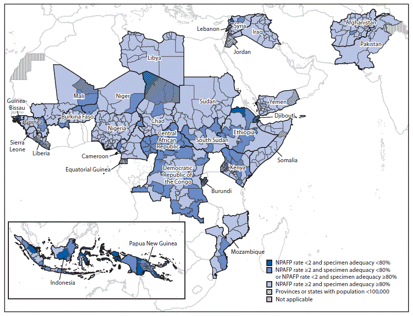 The figure is a map showing the combined performance indicators for the quality of acute flaccid paralysis surveillance during 2017 in subnational areas of 31 countries identified as Global Polio Eradication Initiative high-priority countries during 2018&ndash;2020 in the World Health Organization African, Eastern Mediterranean, South-East Asia, and Western Pacific regions.