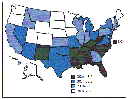 The figure is a map showing age-standardized, state-specific prevalence of severe joint pain among U.S. adults aged &ge;18 years with arthritis according to the Behavioral Risk Factor Surveillance System during 2017.
