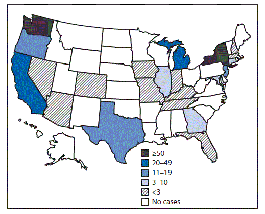 The figure is a map of the United States indicating the number of reported measles cases for each state during January 1&ndash;April 26, 2019.
