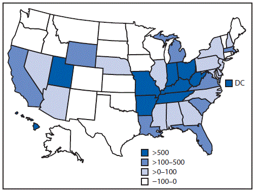 The figure is a map showing the percent change in reported hepatitis A infections in the United States, during 2013&ndash;2015 and 2016&ndash;2018, using data from the National Notifiable Diseases Surveillance System.