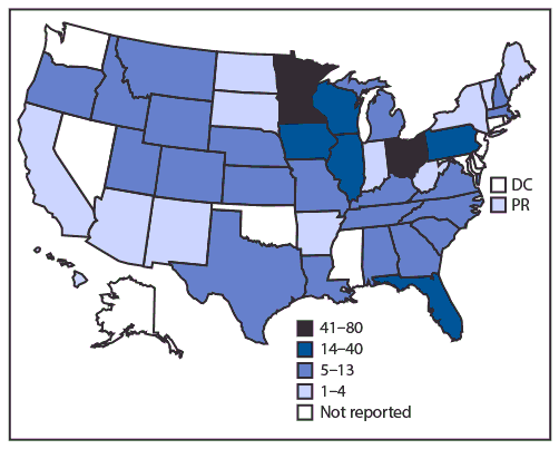 The figure is a map of the United States, showing reported cryptosporidiosis outbreaks (N = 444), by exposure jurisdiction during 2009&ndash;2017.