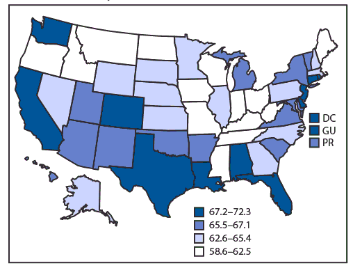 The figure is a U.S. map, showing the percentage of current and former cigarette smokers aged &ge;18 years who, in 2017, reported a past-year quit attempt in the 50 states, the District of Columbia, Guam, and Puerto Rico.