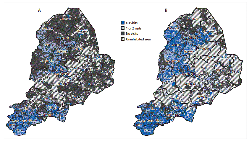 The figure consists of two maps of Borno State, Nigeria, showing inhabited settlements reached with bivalent oral poliovirus vaccine using standard house-to-house, Reaching Every Settlement, and Reaching Inaccessible Children approaches, by the number of cumulative vaccination visits reaching children aged <5 years old. The first map shows settlements reached during August&ndash;December 2016 and the second during August 2016&ndash;May 2019.