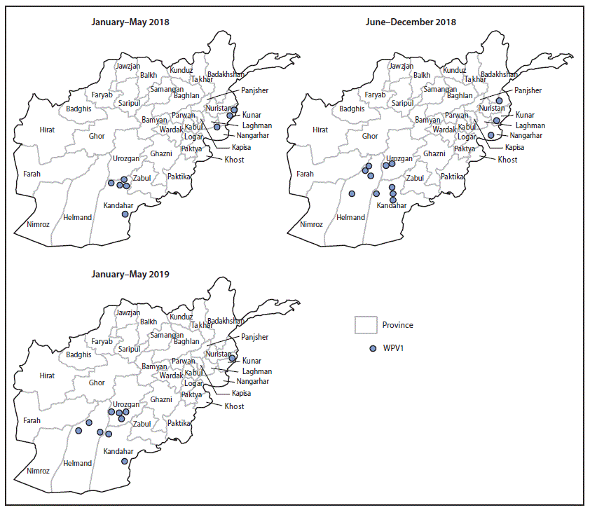 The figure consists of three maps of Afghanistan showing the location of wild poliovirus 1 cases, by province, during January 2018&ndash;May 2019.