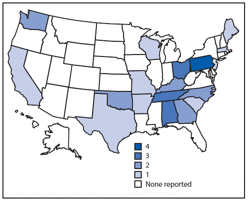 The figure is a map of the United States showing states and their respective number of reported drinking water&ndash;associated hepatitis A outbreaks (N = 32) during 1971&ndash;2017, according to the Waterborne Disease and Outbreak Surveillance System.