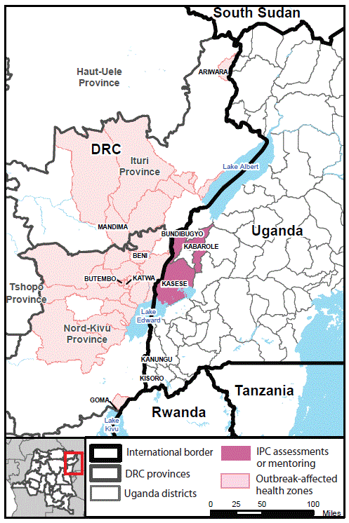 The figure is a map showing the location of Ebola virus disease outbreaks and frontline health care facilities conducting baseline infection prevention and control assessments at the Democratic Republic of the Congo&ndash;Uganda border region in 2018.