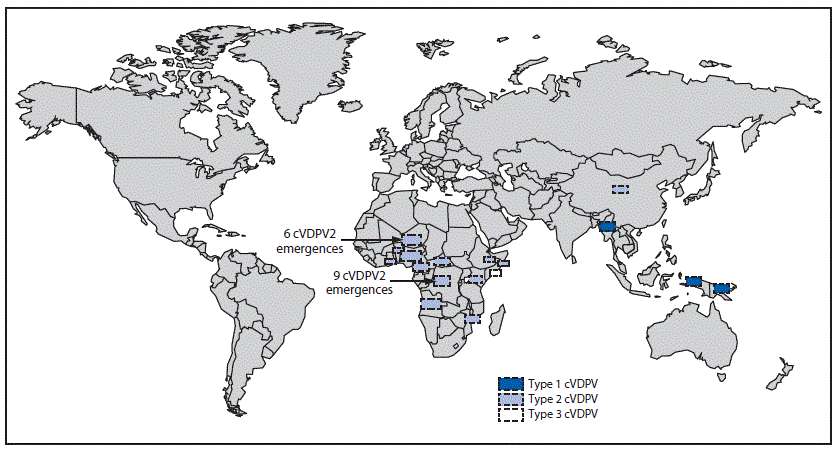 The figure is a map of the world indicating the location of circulating vaccine-derived poliovirus outbreaks during January 2018&ndash;June 2019.