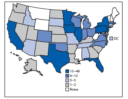 The figure is a map of the United States showing the number of U.S. persons (N = 356) infected with the outbreak strain of Salmonella Reading, by state during November 2017&ndash;March 2019.