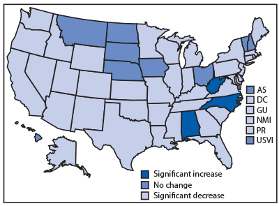 The figure is a map showing the changes in obesity prevalence among U.S. children aged 2&ndash;4 years enrolled in the Special Supplemental Nutrition Program for Women, Infants, and Children (WIC), by WIC state or territory agency, during 2010─2016.