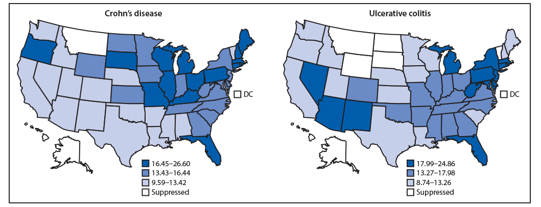 The figure consists of two U.S. maps showing the age-adjusted hospitalization rates for Crohn&rsquo;s disease or ulcerative colitis as the principal diagnosis among Medicare fee-for-service beneficiaries in 2017, by state.