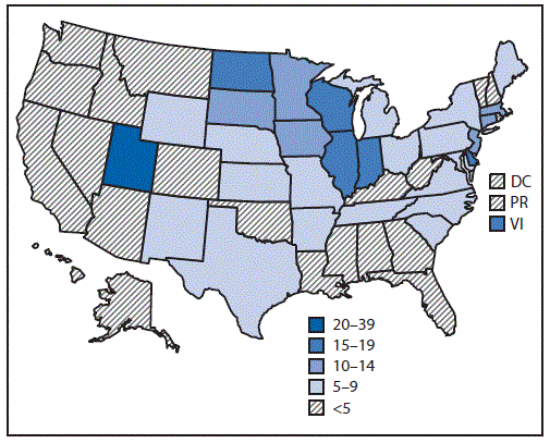 The figure is a U.S. map, showing the prevalence (cases per 1 million) of hospitalized or deceased cases of e-cigarette, or vaping, product use&ndash;associated lung injury during August&ndash;December 2019.
