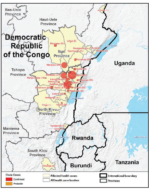 The figure is a map of the North Kivu, South Kivu, and Ituri provinces in the Democratic Republic of the Congo, showing the geographic distribution of confirmed and probable cases of Ebola virus disease by health zones during April 30, 2018&ndash;November 17, 2019.