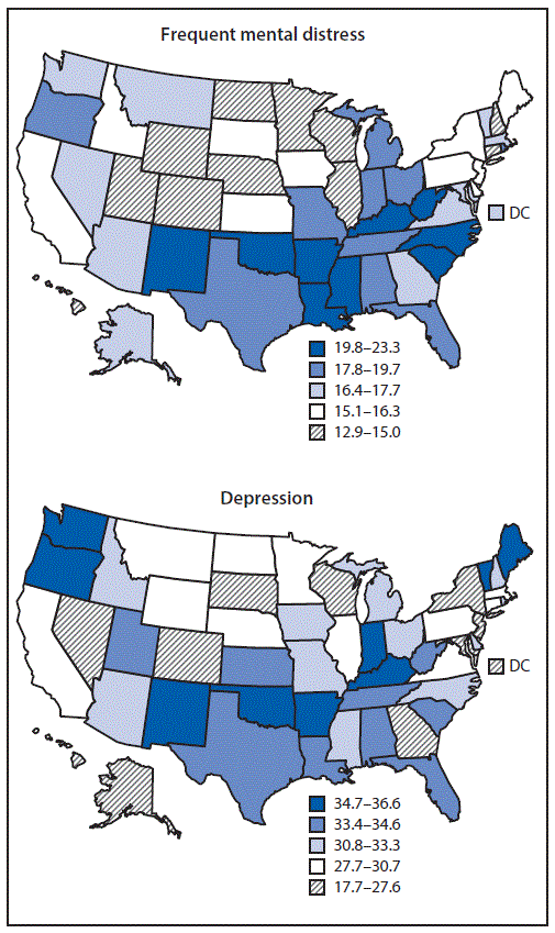 The figure is a map showing the age-adjusted prevalence of frequent mental distress and history of depression among adults aged &ge;18 years with arthritis, using data from the Behavioral Risk Factor Surveillance System, during 2017.