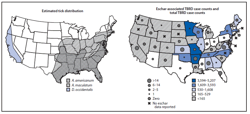 The figure consists of two maps, one showing the estimated geographic range of Amblyomma americanum, Amblyomma maculate, and Dermacentor occidentalis, and the other showing the number of eschar-associated illnesses, compared with total reported tickborne rickettsial diseases in the United States during 2010&ndash;2016.
