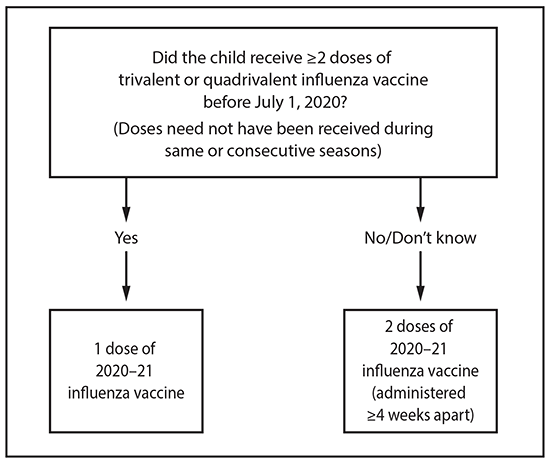 This figure is a flow chart describing the influenza vaccine dosing algorithm for children aged 6 months through 8 years for the 2020&ndash;21 influenza season in the United States. If the child has received 2 or more doses of trivalent or quadrivalent influenza vaccine before July 1, 2020 (doses need not have been given during same or consecutive seasons), the child should receive 1 dose of 2020&ndash;21 influenza vaccine. If the child has not received 2 or more doses of trivalent or quadrivalent influenza vaccine before July 1, 2020, or if it is not known whether the child has received vaccine, the child should receive 2 doses of 2020&ndash;21 influenza vaccine (administered 4 or more weeks apart). For children aged 8 years who require 2 doses of vaccine, both doses should be administered even if the child turns age 9 years between receipt of dose 1 and dose 2.