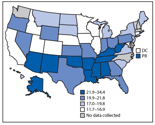 The figure is a map of the United States showing the adjusted percentage of informal, unpaid caregivers reporting fair or poor health during 2015&ndash;2017, by state, based on data from the Behavioral Risk Factor Surveillance System.