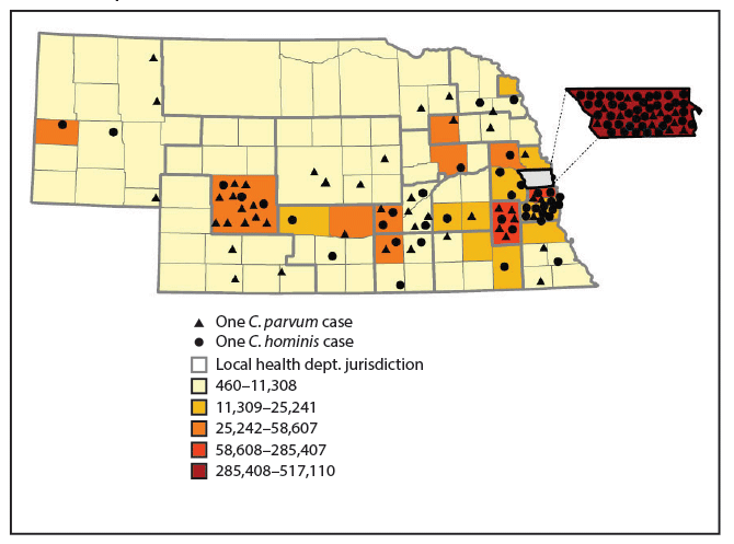 The figure is a map of Nebraska indicating the distribution of Cryptosporidium parvum and Cryptosporidium hominis cases, by county, during September 2015&ndash;December 2017.