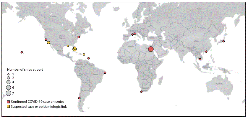 The figure is a map that shows cruise ships with COVID-19 cases requiring public health responses worldwide during January&ndash;March 2020.