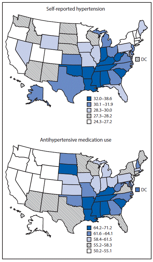 The figure is two maps of the United States showing the age-standardized percentage of self-reported hypertension and antihypertensive medication use among adults aged &ge;18 years, by state, using data from the Behavioral Risk Factor Surveillance System, 2017.