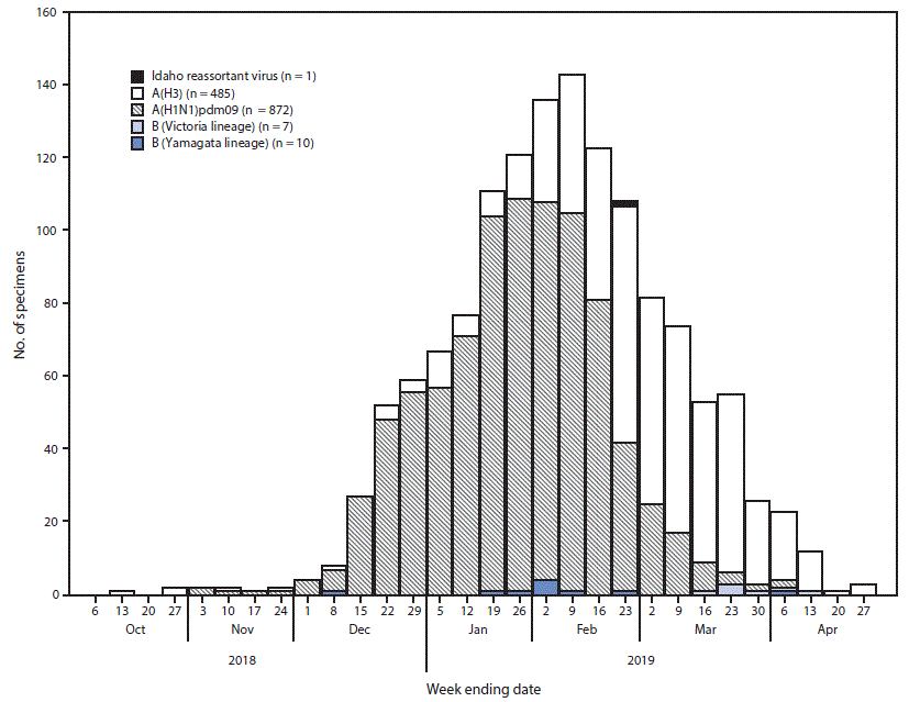 The figure is a histogram, an epidemiologic curve showing the number of respiratory specimens testing positive for influenza reported by Idaho Bureau of Laboratories(N = 1,375), by influenza virus type, subtype/lineage, and surveillance week, in Idaho during October 6, 2018&ndash;April 27, 2019.
