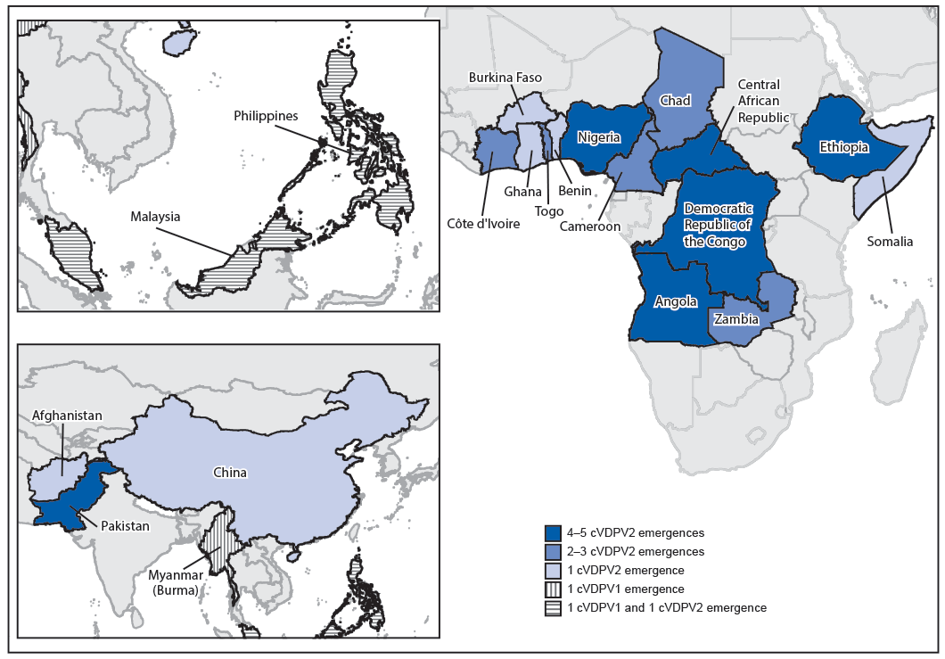 The figure consists of maps showing selected countries in Africa and Asia with ongoing circulating vaccine-derived poliovirus outbreaks during July 2019&ndash;February 2020.
