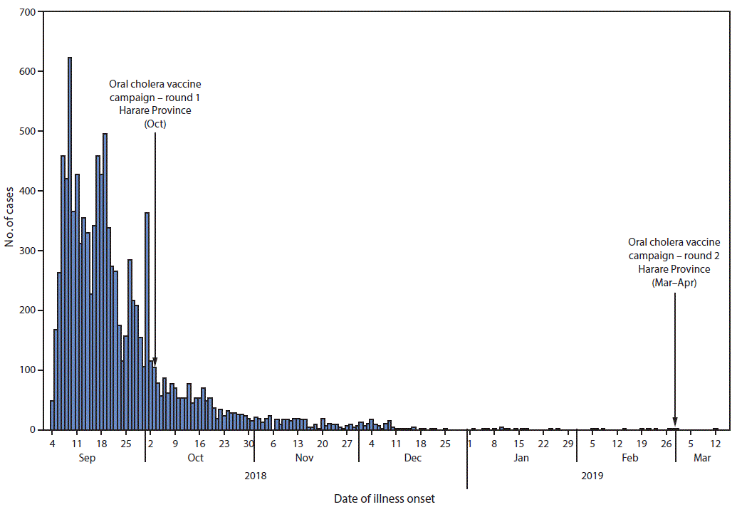 The figure is a histogram, an epidemiologic curve showing the number of suspected and confirmed cholera cases in Zimbabwe during September 2018&ndash;March 2019.