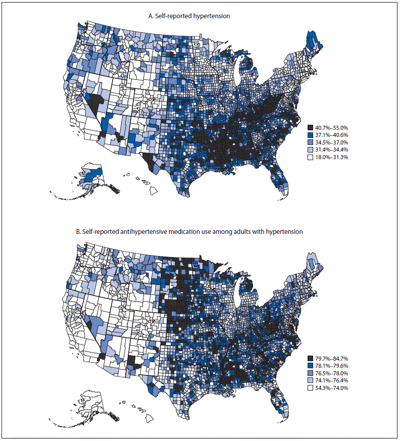 The figure consists of two maps of the United States, one showing prevalence of self-reported hypertension and the other showing prevalence of self-reported antihypertensive medication use among adults aged &ge;18 years, by county, in 2017 according to the Behavioral Risk Factor Surveillance System.