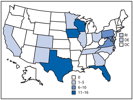The figure is a map of the United States showing the number of confirmed COVID-19 cases (N = 101) linked to nine Nile River cruises held during February 11&ndash;March 5, 2020, by the patients&rsquo; 18 states of residence.
