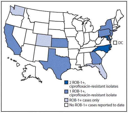 The figure is a U.S. map, showing the states reporting identification of 33 antimicrobial-resistant Neisseria meningitidis isolates during 2013&ndash;2020.