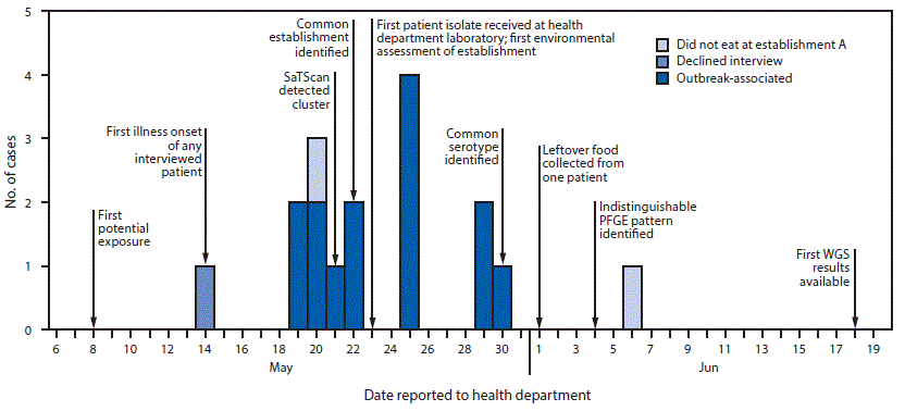The figure is a histogram, an epidemiologic curve showing the 17 cases included in a SaTScan spatiotemporal cluster, by the date reported to the health department in New York City, during May&ndash;June 2019.
