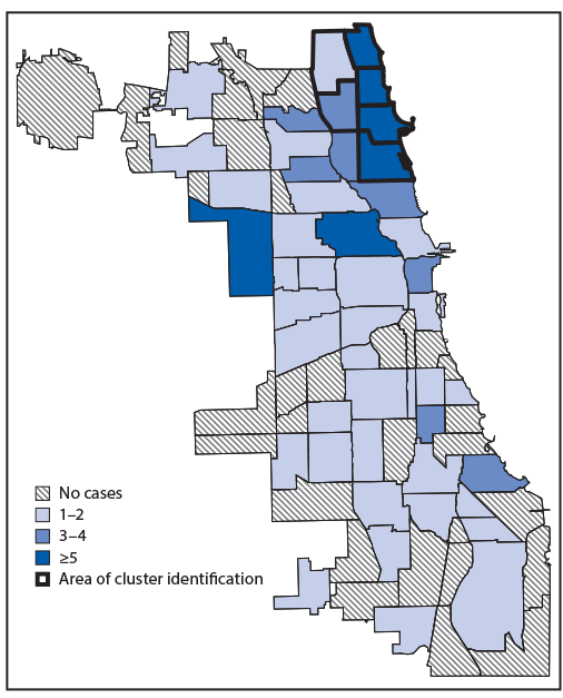 The figure is a map showing the number of mumps cases among adults aged &ge;18 years (N = 110), by community area, in Chicago, Illinois, during January&ndash; December 2018.