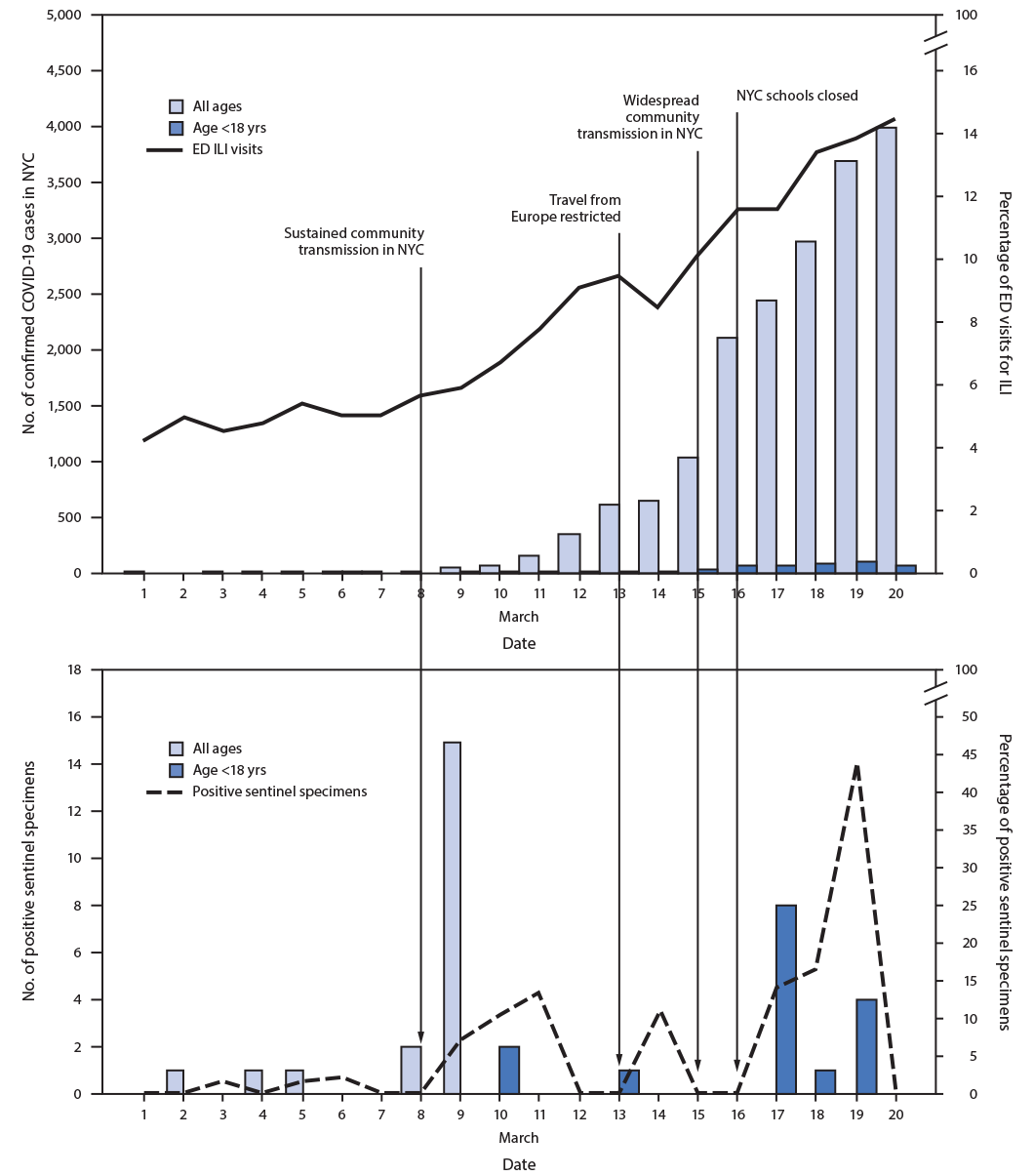 The figure consists of  two bar graphs showing the daily percentage of emergency department visits for influenza-like illness, number of confirmed COVID-19 cases, and number and percentage of sentinel specimens positive for SARS-CoV-2 in New York City during March 1&ndash;20, 2020.