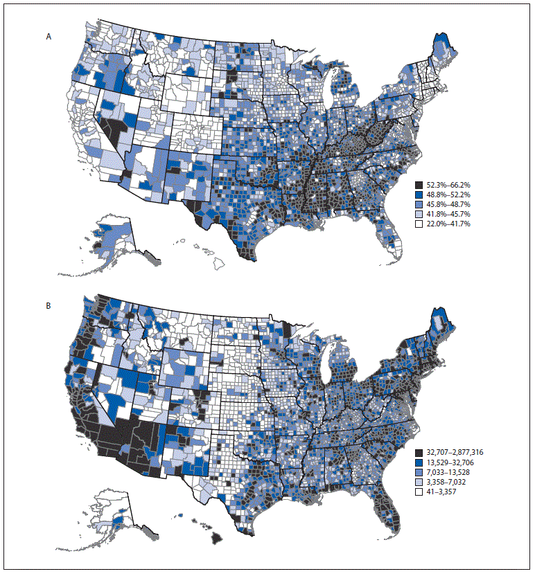 The figure is map showing model-based estimates of U.S. prevalence (A) and number (B) of adults aged &ge;18 years with any selected underlying medical condition, by county, in the United States, in 2018.