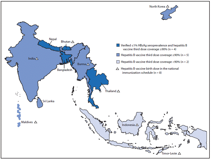 The figure is a map of the countries in the World Health Organization&rsquo;s South-East Asia Region. It shows hepatitis B vaccination coverage rates for each of the 11 countries in the region and indicates which of those countries include a birth dose in their national immunization schedule.