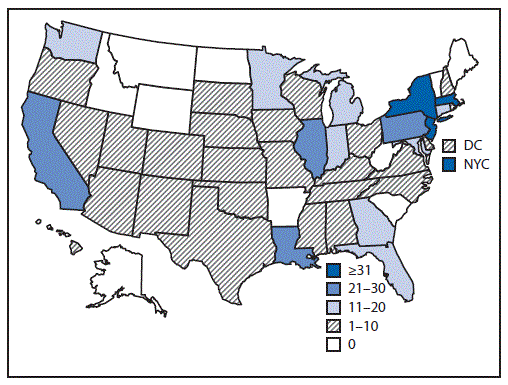 The figure is a map of the United States showing the geographic distribution of 570 reported cases of multisystem inflammatory syndrome in children during March&ndash;July 2020.