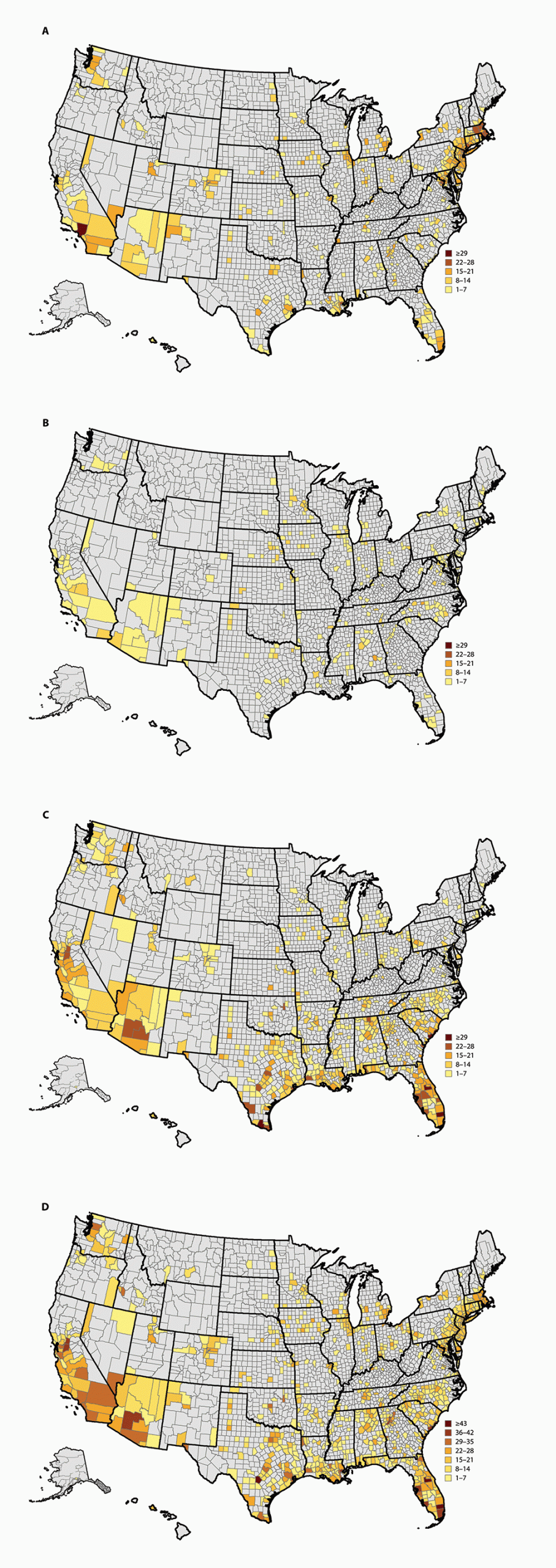The figure is a series of four maps showing the number of COVID-19 hotspot alerts, by county and number of days meeting hotspot criteria for (A) March 8&ndash;April 30, (B) May 1&ndash;31, (C) June 1&ndash;July 15, and (D) entire period, in the United States, during March 8&ndash;July 15, 2020.