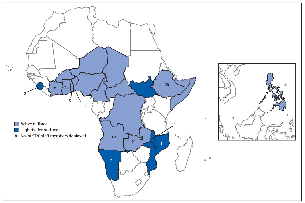 The figure is a map showing the circulating vaccine-derived poliovirus type 2 outbreak status and number of CDC polio surge staff members deployed in 13 countries during September 2019&ndash;March 2020.