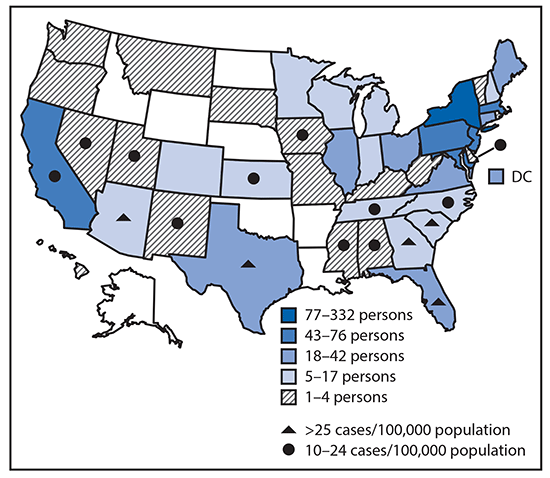 The figure is a map of the United States showing camp population, by home state and by 7-day daily average rate of SARS-CoV-2 infection in home state as calculated on July 1, 2020, for four overnight camps, in Maine, during June&ndash;August 2020.
