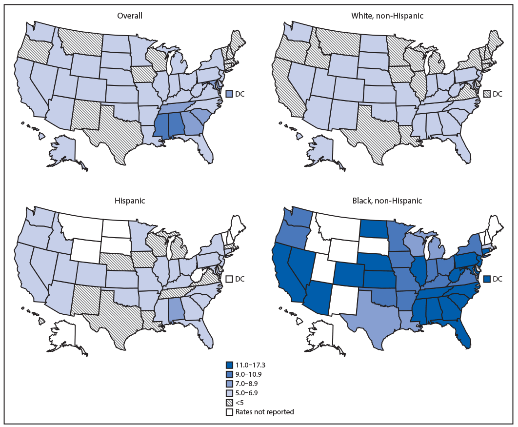 The figure is a series of four maps of the United States showing fetal mortality rate per 1,000 births and fetal deaths, by state, in the United States during 2015&ndash;2017.
