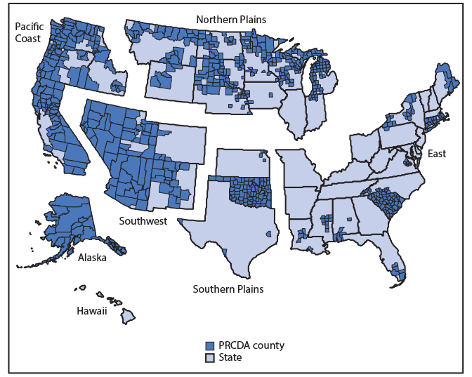 The figure is a U.S. map divided into six regions in which counties designated as Purchase/Referred Care Delivery Areas by the Indian Health Service during 2013&ndash;2017 are identified by shading.