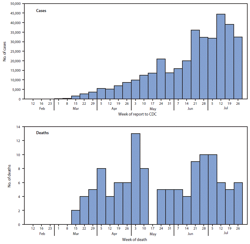 The figure consists of two histograms, epidemiologic curves showing SARS-CoV-2&ndash;associated cases, by week of case report to CDC, and deaths, by week of death, among infants, children, adolescents, and young adults aged <21 years in the United States during February 12&ndash;July 31, 2020.