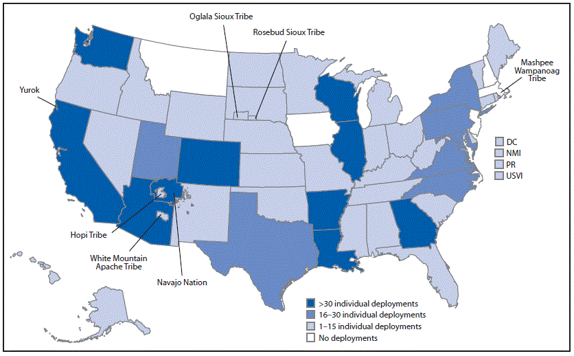 The figure is a map showing the location of deployments by CDC staff members to state, tribal, local, and territorial health departments, in the United States, during January 21&ndash;July 25, 2020.
