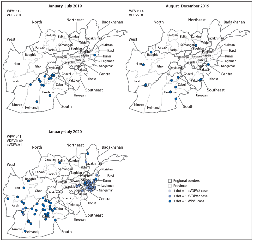 The figure is a map showing cases of wild poliovirus type 1 (WPV1) and vaccine derived poliovirus type 2 (VDPV2), by providence, in Afghanistan, during January 2019&ndash;July 2020.