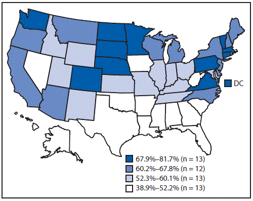 The figure is a map of the United States showing estimated vaccination coverage with &ge;2 doses of influenza vaccine by age 24 months, among children born in the United States during 2016&ndash;2017 according to the National Immunization Survey-Child.
