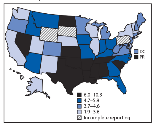 The figure is a map showing the age-adjusted rate of human immunodeficiency virus (HIV)&ndash;related deaths among persons aged &ge;13 years with diagnosed HIV infection, by area of residence at time of death, in the United States and Puerto Rico, during 2017.