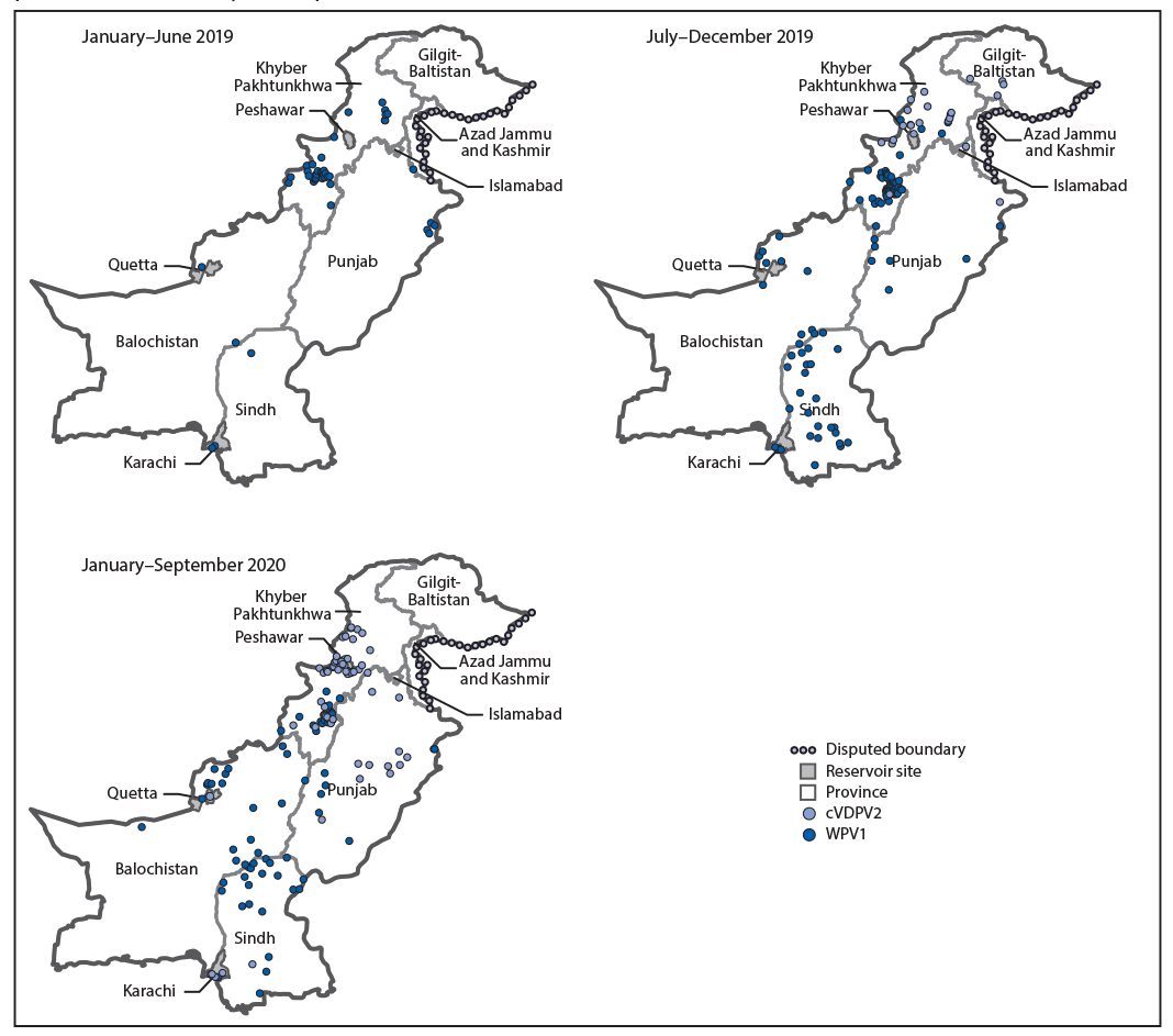 The figure is a series of three maps showing the location of cases of wild poliovirus type 1 and circulating vaccine-derived poliovirus type 2, by province and period in Pakistan during January 2019&ndash;September 2020.