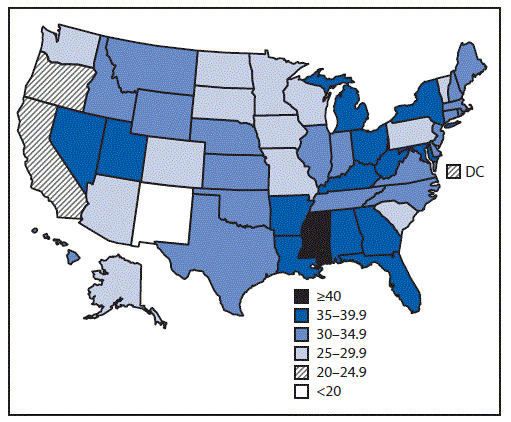The figure is a map of the United States showing the percentage of children introduced to complementary foods before age 4 months among children aged 1&ndash;5 years in the United States during 2016&ndash;2018 according to the National Survey of Children's Health.