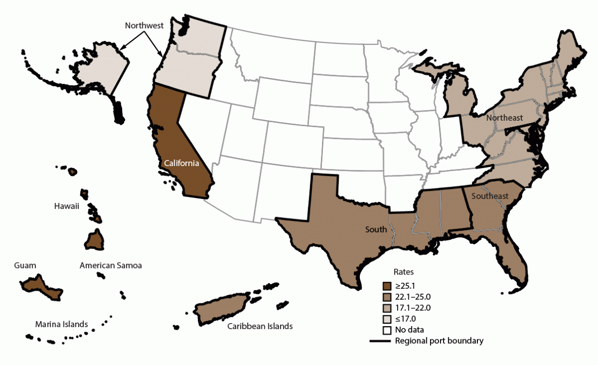 The figure is a U.S. map that presents the incidence rate of acute gastroenteritis among cruise ship crew by regional port locations including the Northeast, Southeast, South, Northwest, California, Hawaii (including Guam, American Samoa, and  Mariana Islands), and Caribbean Islands during 2006-2019.