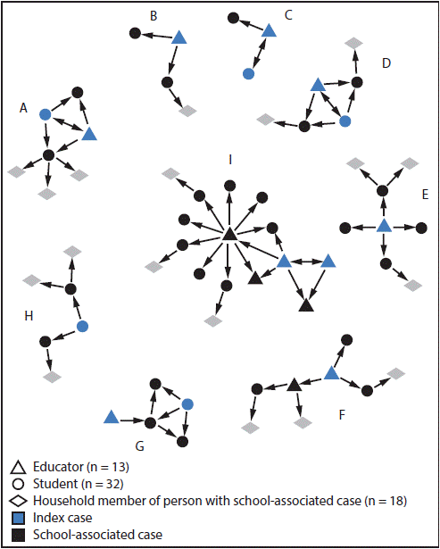 This figure is a diagram showing epidemiologic links among students, educators, and household members for nine clusters of SARS-CoV-2 transmission in a school district in Georgia during December 2020&ndash;January 2021.